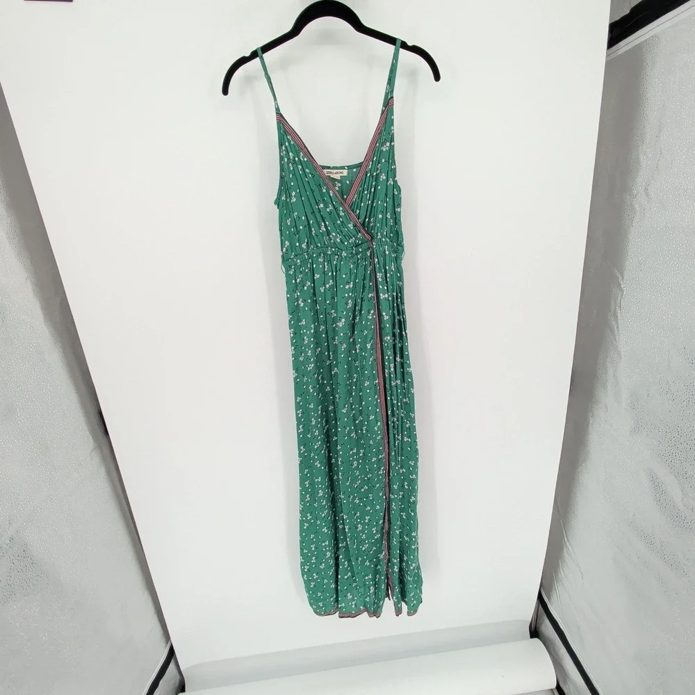Billabong Green Floral Faux Wrap Maxi Dress M Boho Sleeveless Empire Waist - Picture 11 of 13